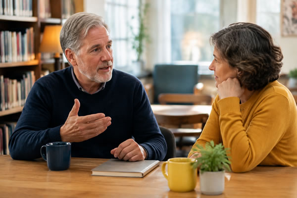 Two adults over 50 discussing how experience can help others.