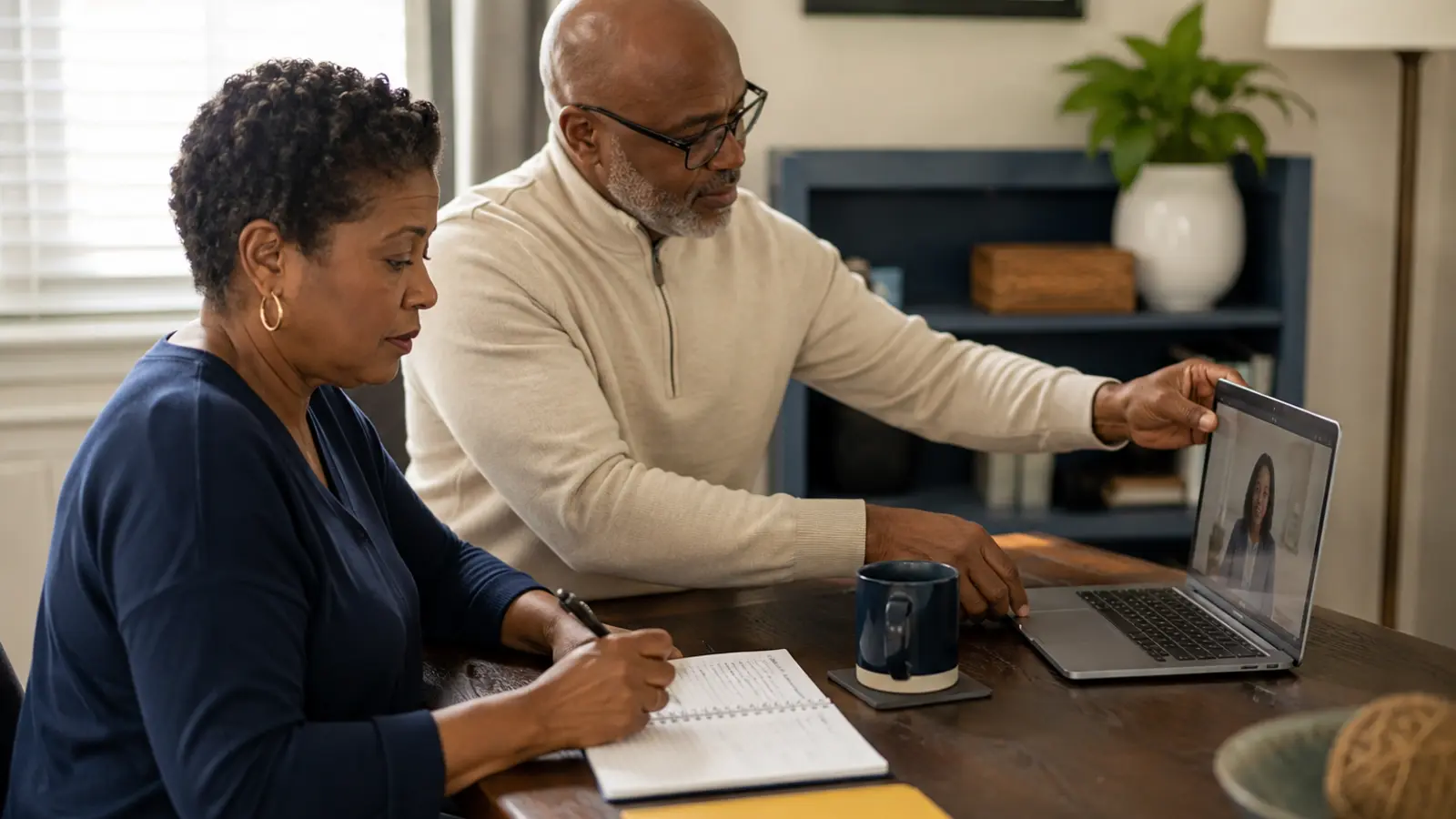 Couple over 50 preparing for a practical online client conversation.