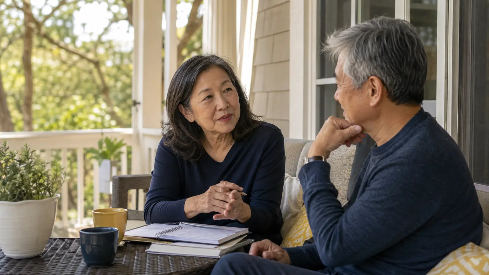 Couple over 50 discussing work that fits their life and priorities.