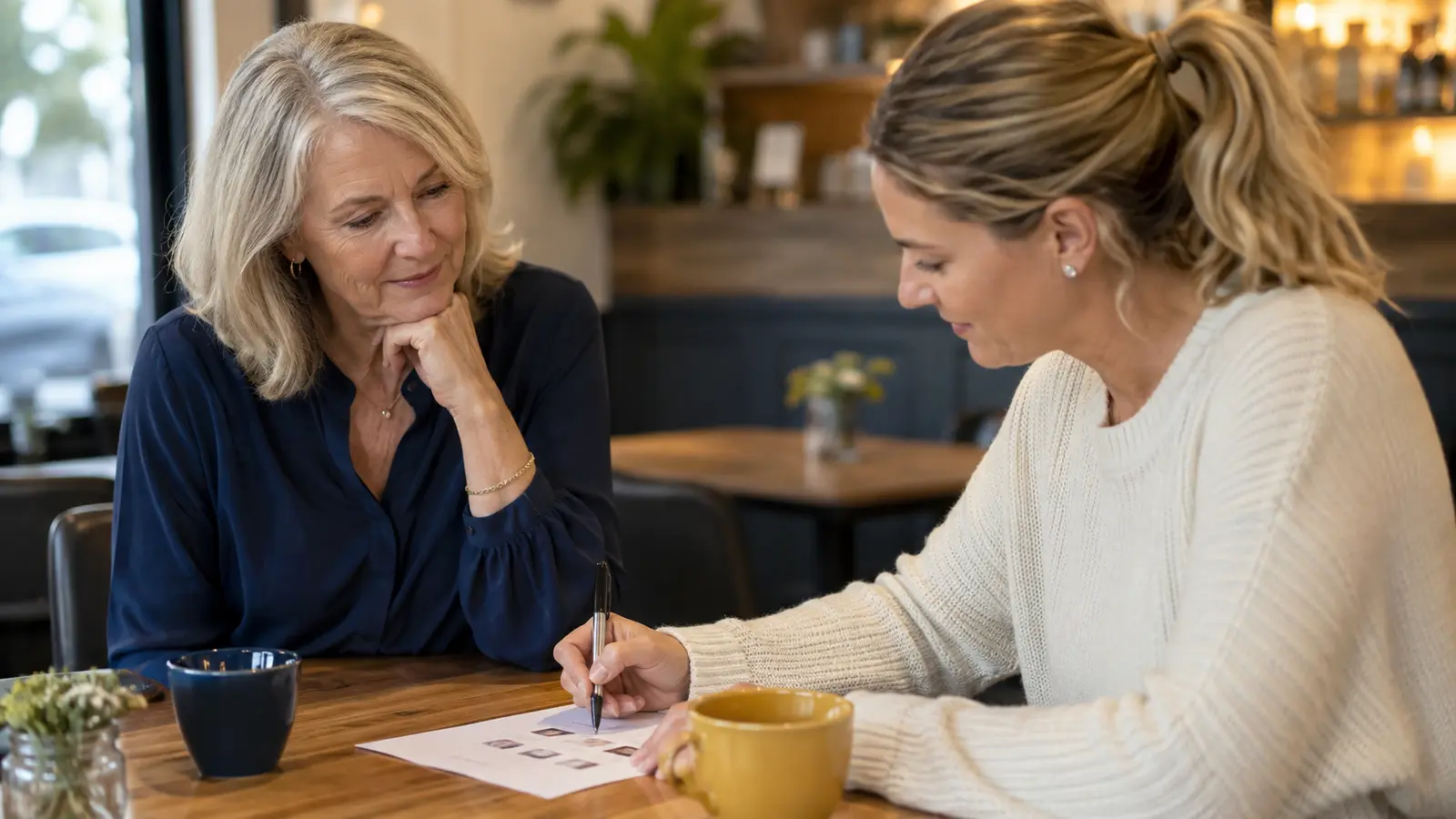 Adult over 50 watching a potential customer test a business sample.
