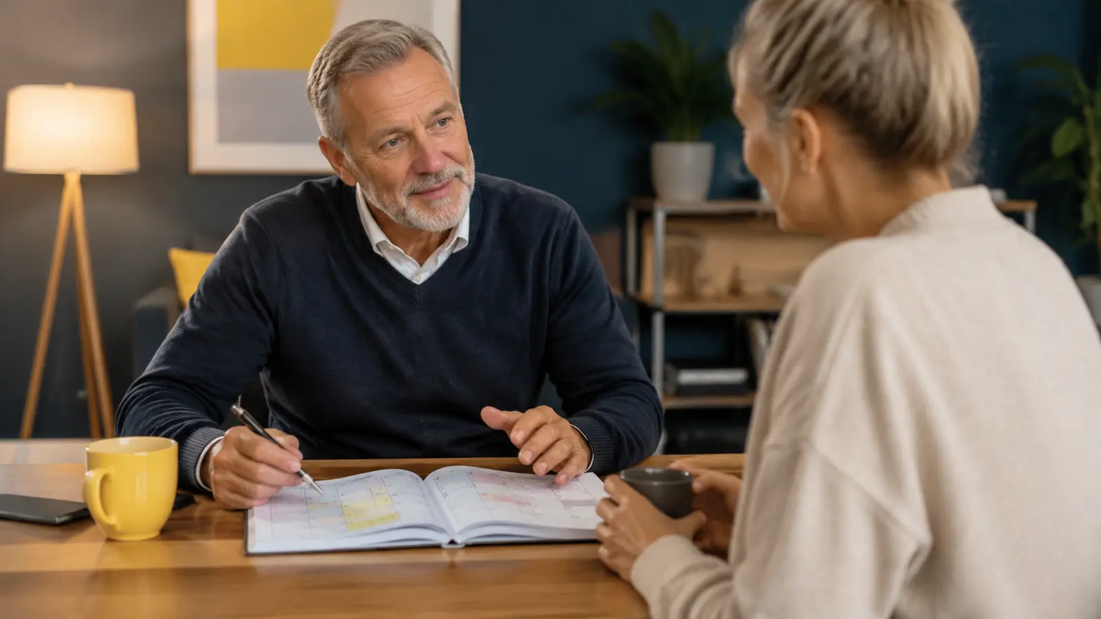 Adult over 50 discussing work boundaries with a client.