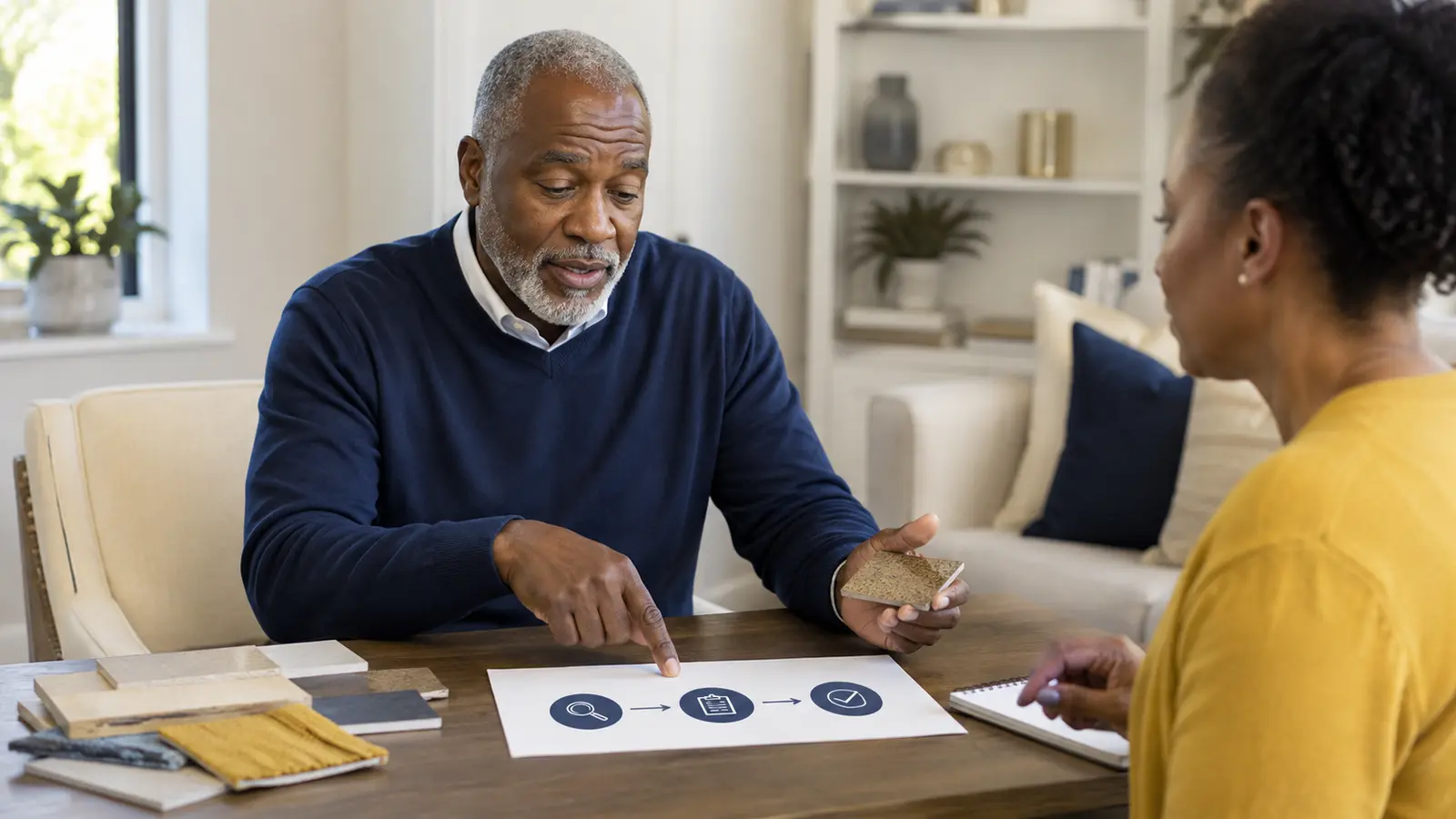 Adult over 50 explaining a work sample and process to a prospective customer.