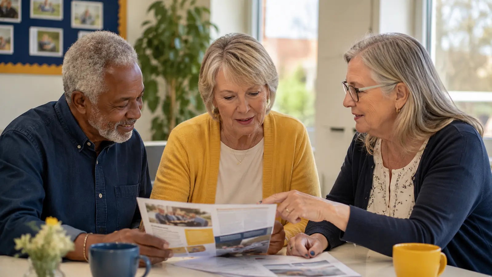 Three adults over 50 discussing a useful email newsletter.