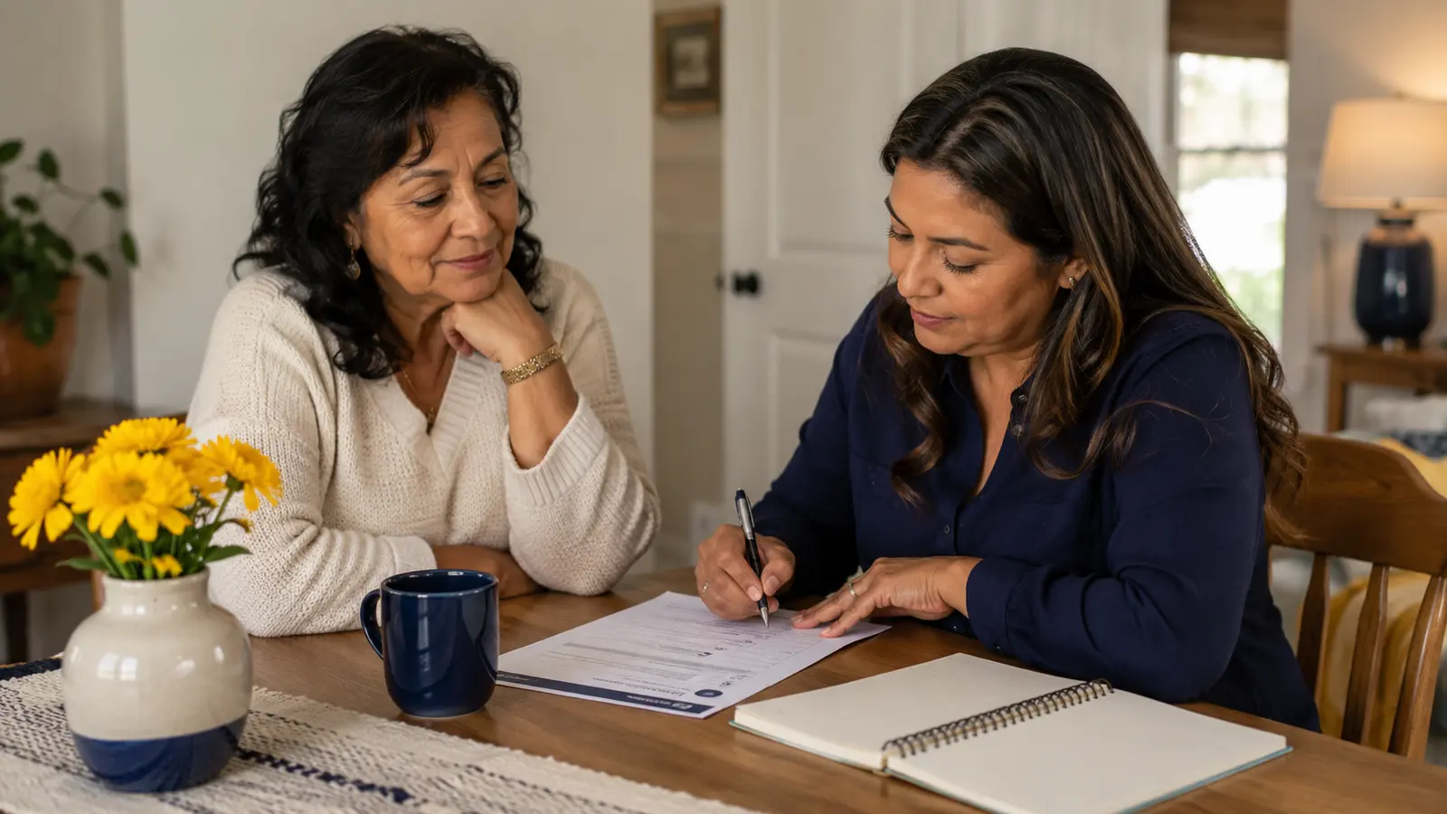 Adult over 50 observing someone use a simple free checklist.