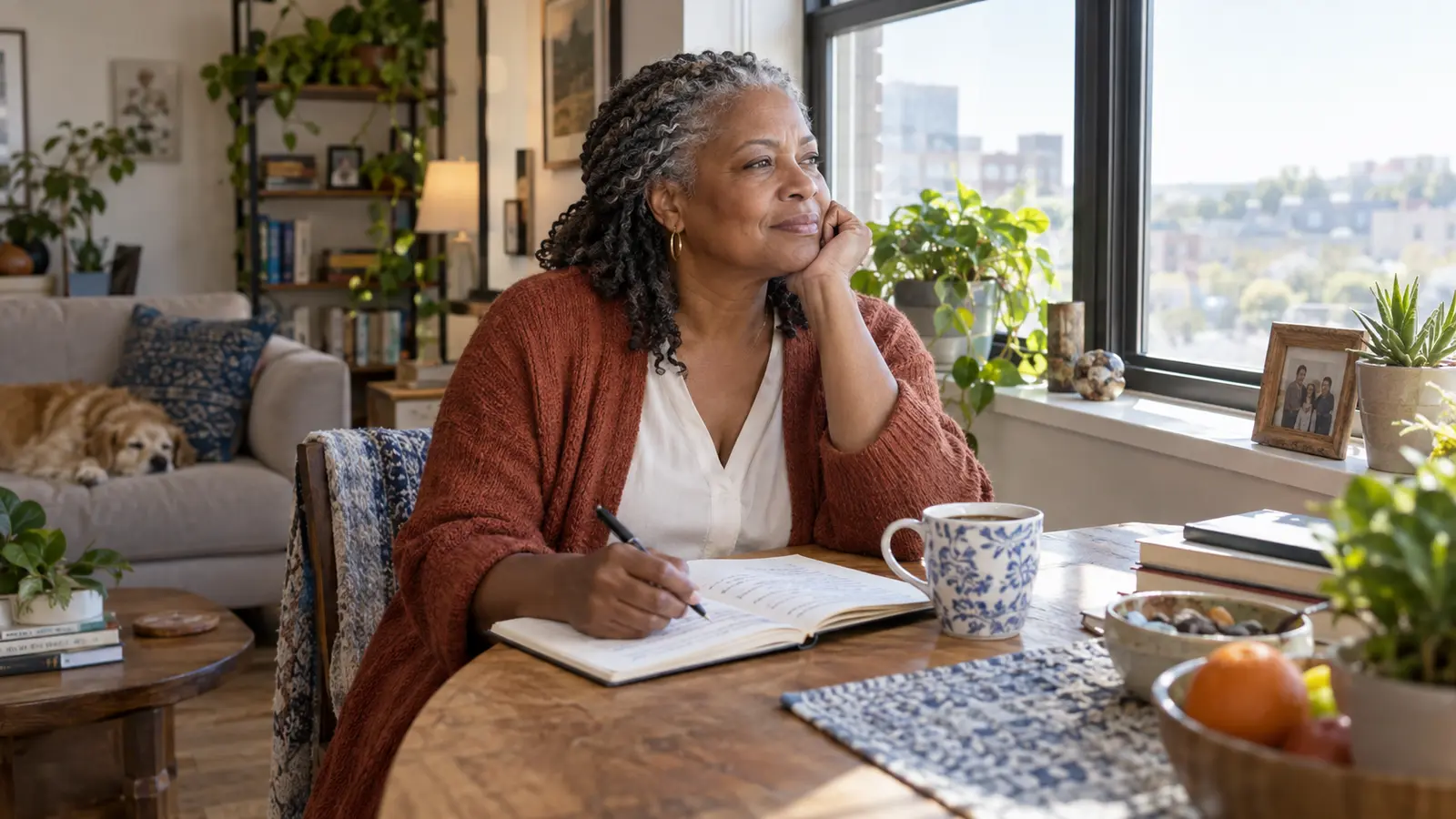 A woman in her late 50s reflecting beside a window with a notebook