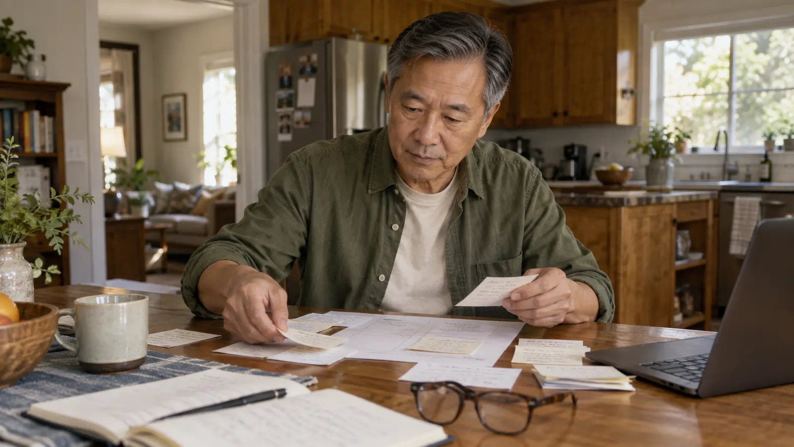 Man over 50 shaping his professional knowledge into a simple service outline at a kitchen table.